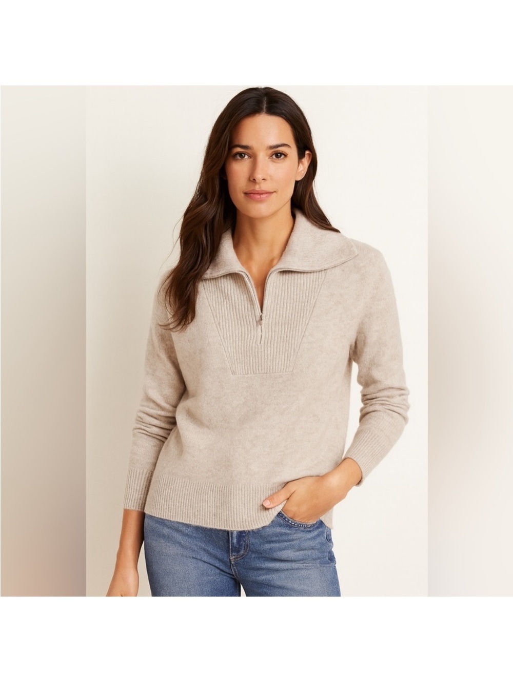 Cashmere Charter Club Luxury Beige 1/4 Zip Turtleneck Sweater Knit Minimalist M - Picture 1 of 8